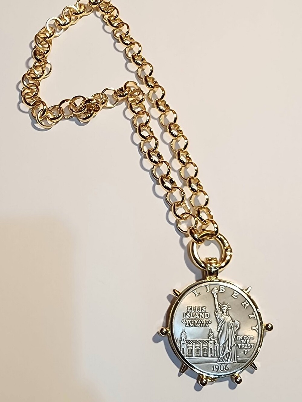 Ellis Island Inspired Fantacy  Coin Pendant Necklace